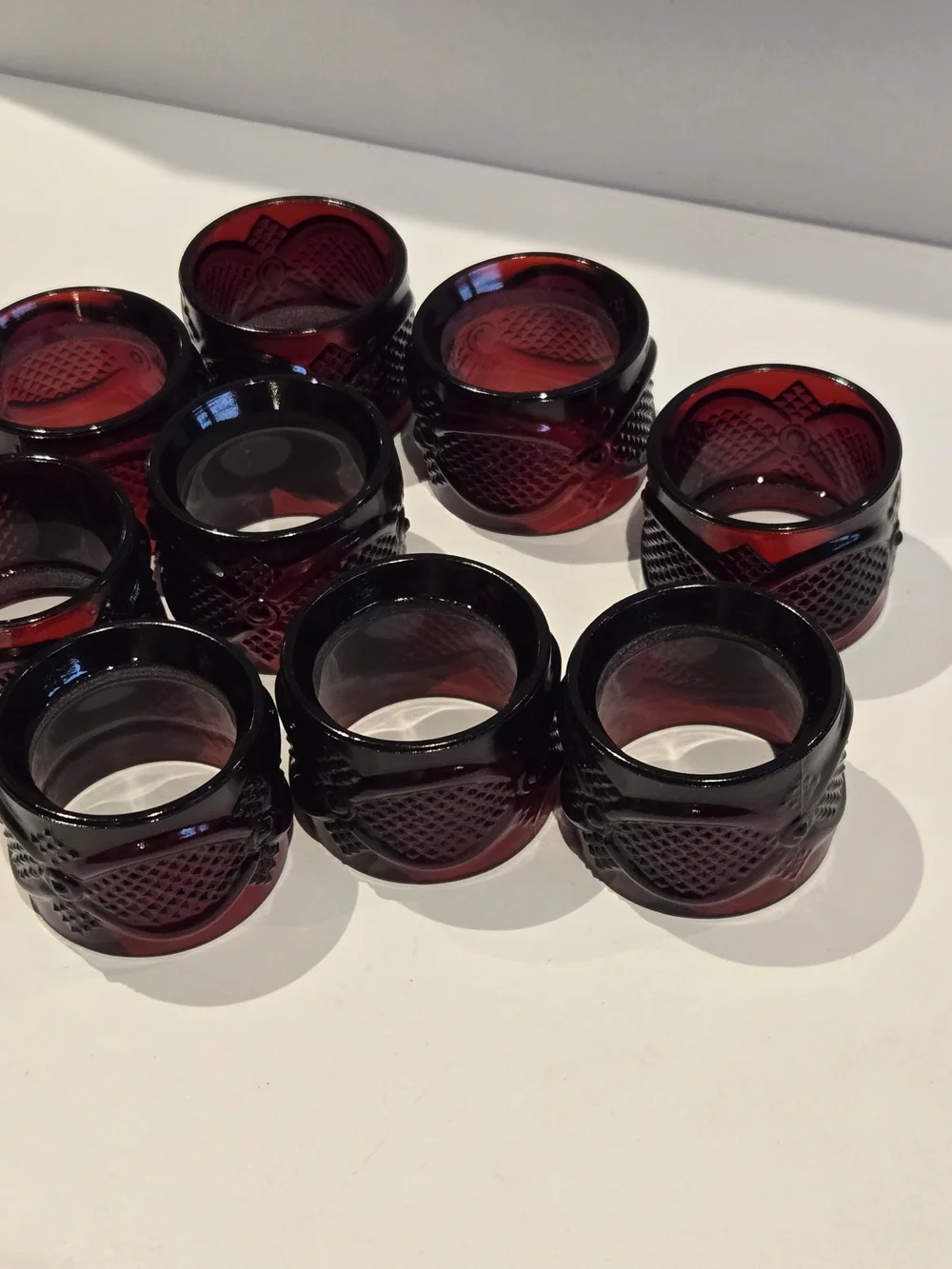 Avon 1876 Cape Cod Ruby Red Napkin Rings, Vintage, Set of 9 Glass Holders